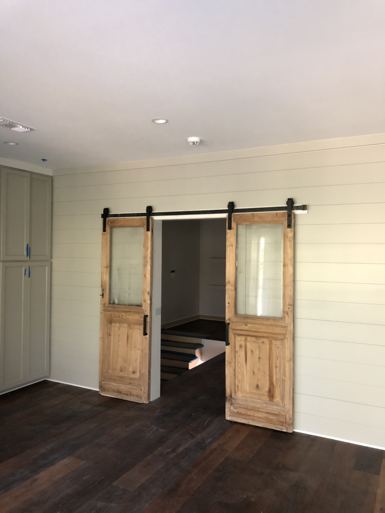 wood and glass barn doors